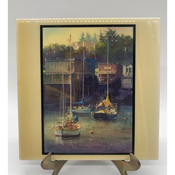 Kiff Holland Clay Glass Trivet Wall Art Sail Boats Lake Cliff Lake House Set 2 - Picture 2 of 9